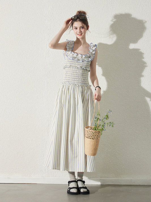 Striped Cotton Smocked Dress With Ruffled Neckline