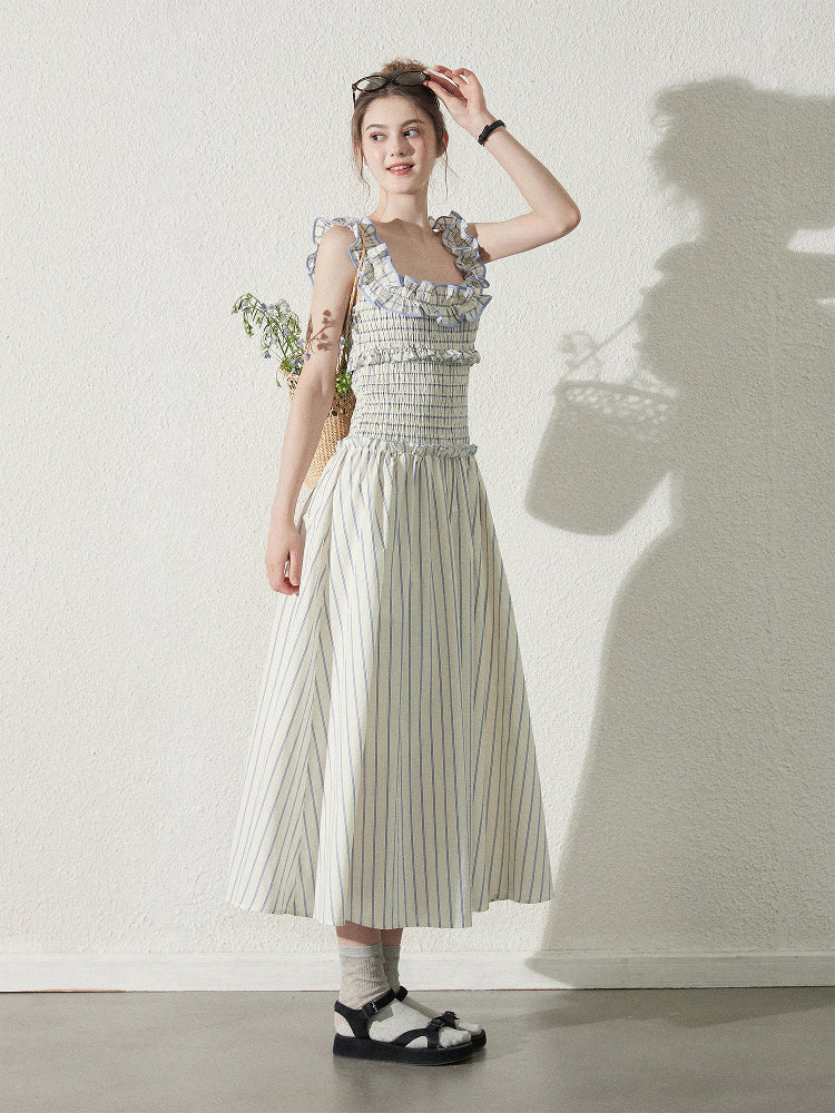 Striped Cotton Smocked Dress With Ruffled Neckline
