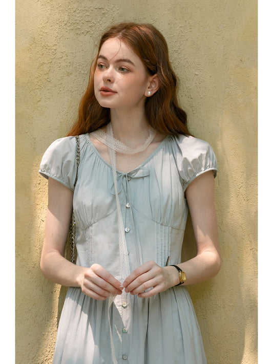 Button-Front Puff-Sleeve Tiered Dress With Gathers