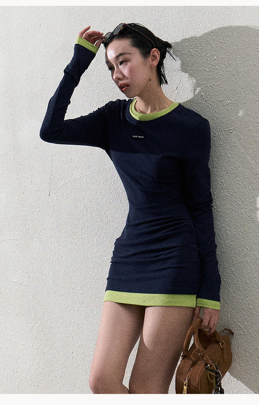 Contrast-Color Layered-Look Sporty Bodycon Dress