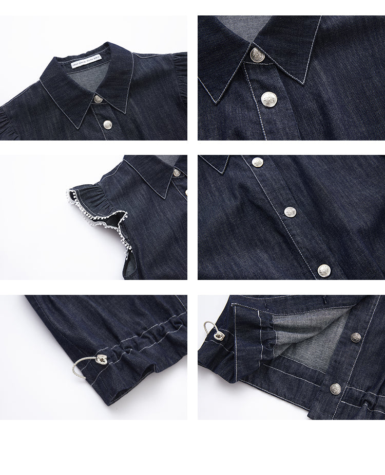 Denim Flutter-Sleeve Sleeveless Shirt & Mini Skirt