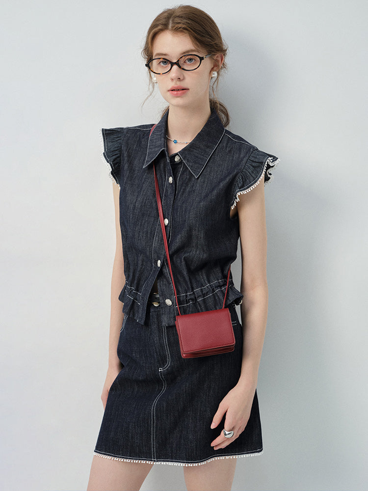 Denim Flutter-Sleeve Sleeveless Shirt & Mini Skirt