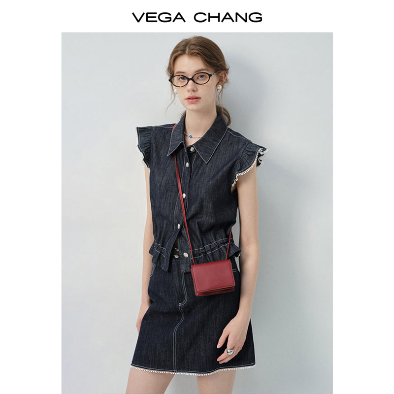 Denim Flutter-Sleeve Sleeveless Shirt & Mini Skirt