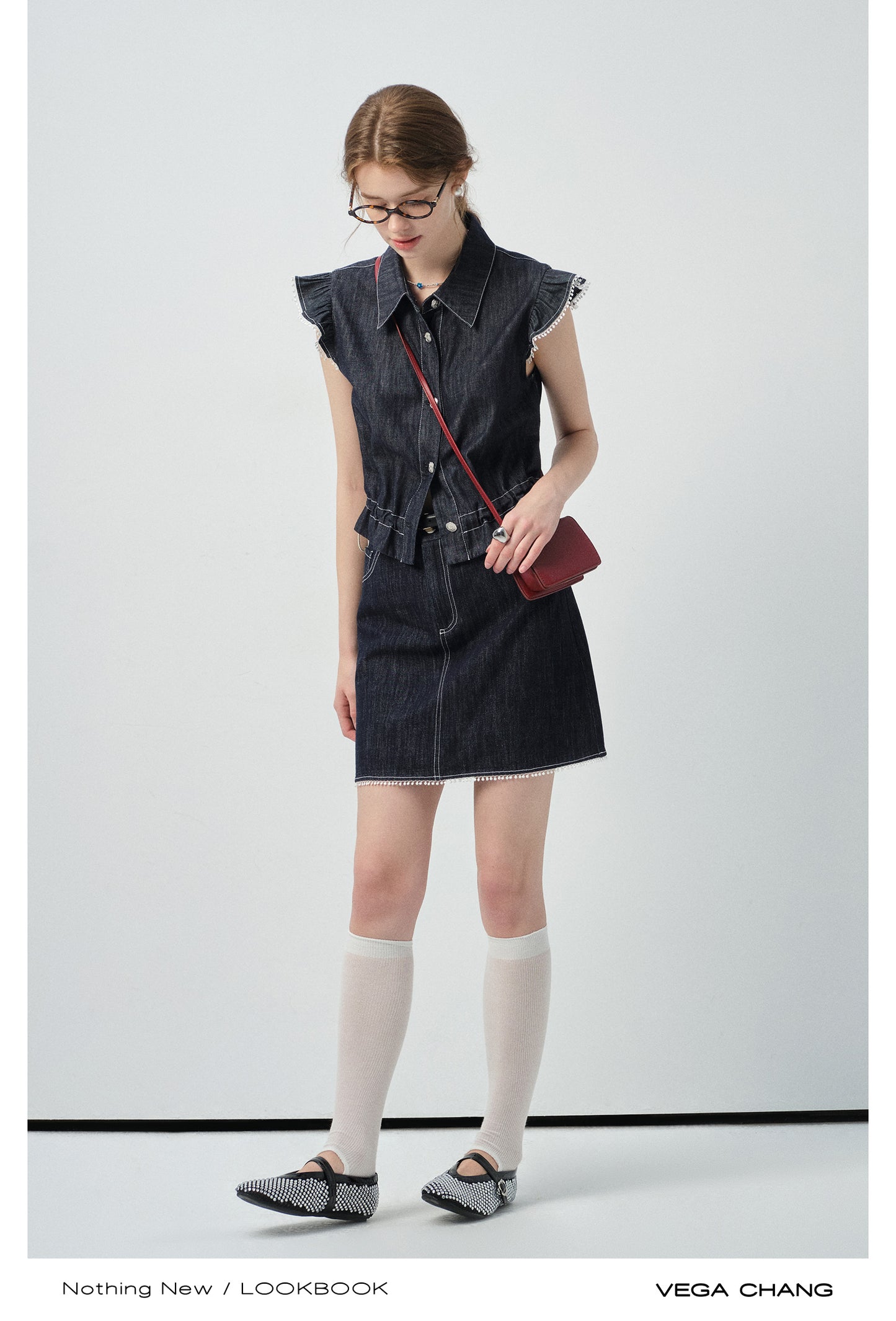 Denim Flutter-Sleeve Sleeveless Shirt & Mini Skirt