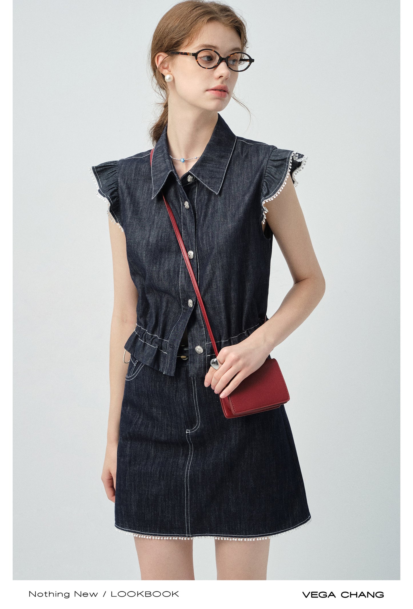 Denim Flutter-Sleeve Sleeveless Shirt & Mini Skirt