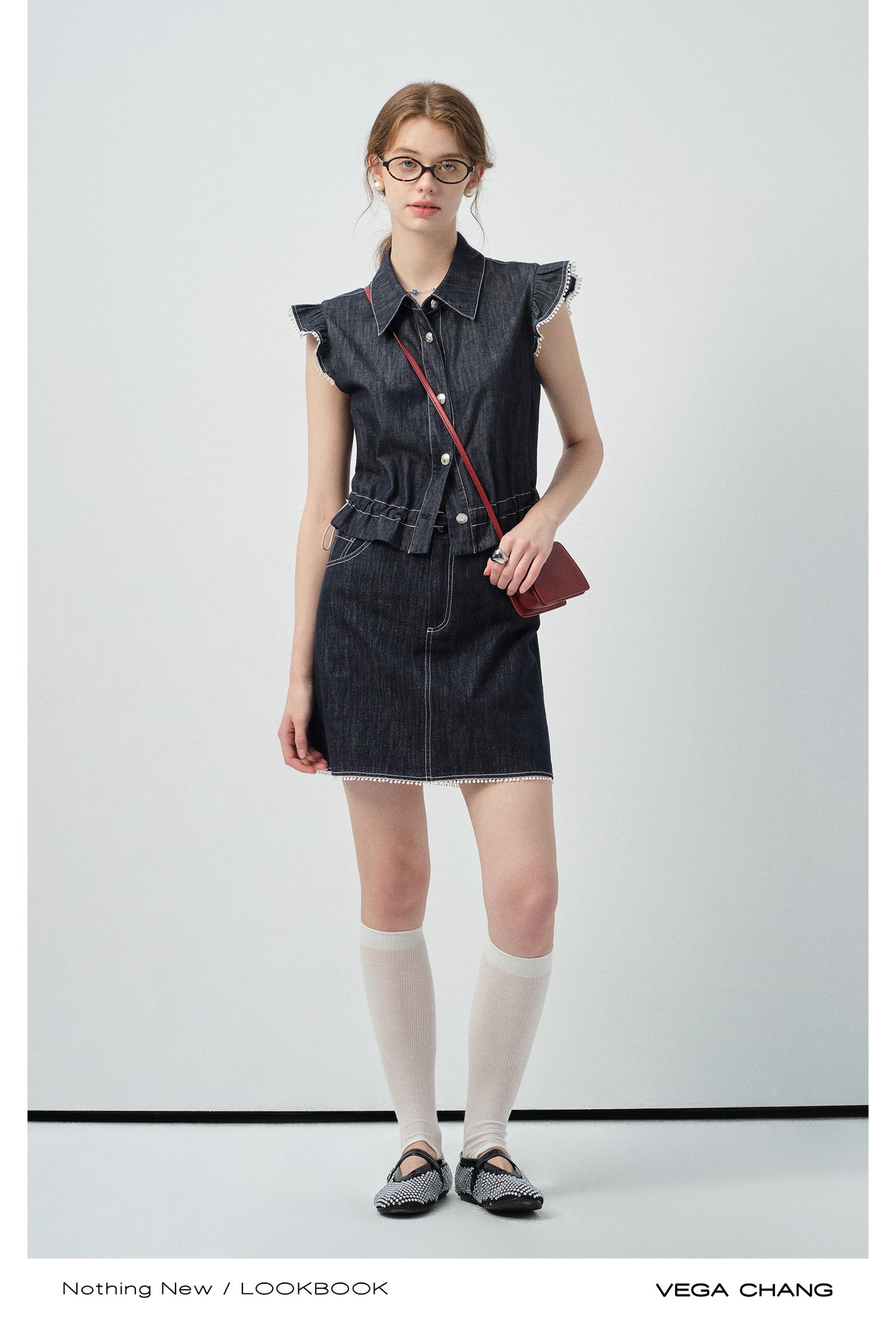 Denim Flutter-Sleeve Sleeveless Shirt & Mini Skirt