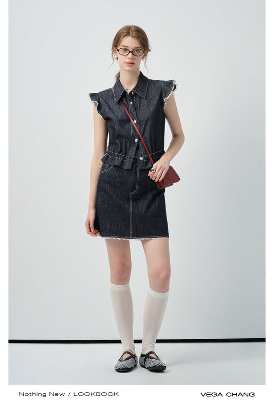 Denim Flutter-Sleeve Sleeveless Shirt & Mini Skirt