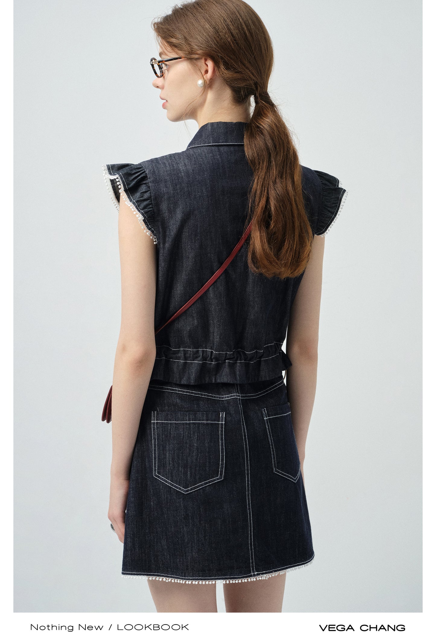 Denim Flutter-Sleeve Sleeveless Shirt & Mini Skirt
