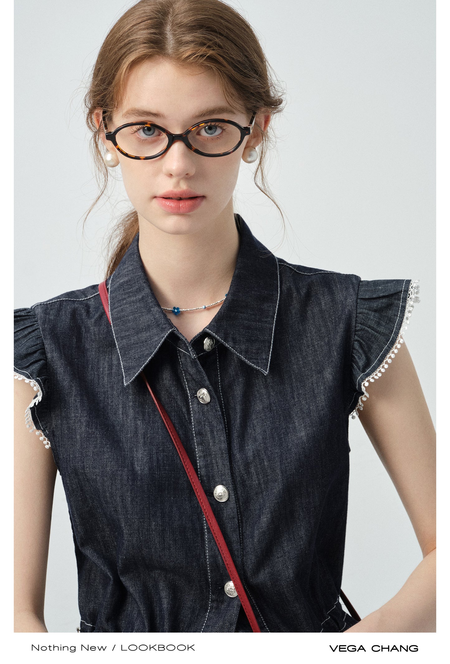 Denim Flutter-Sleeve Sleeveless Shirt & Mini Skirt