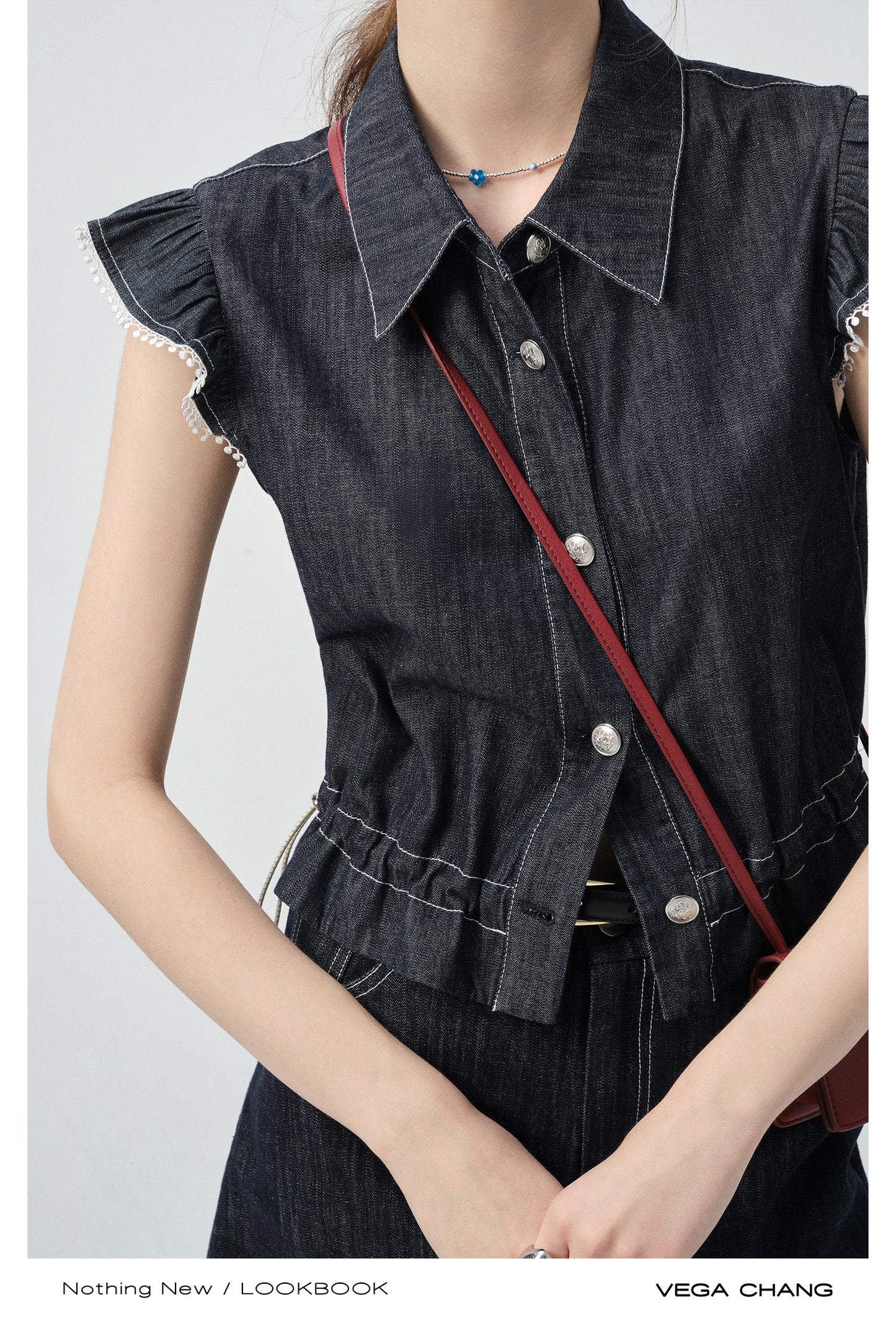 Denim Flutter-Sleeve Sleeveless Shirt & Mini Skirt