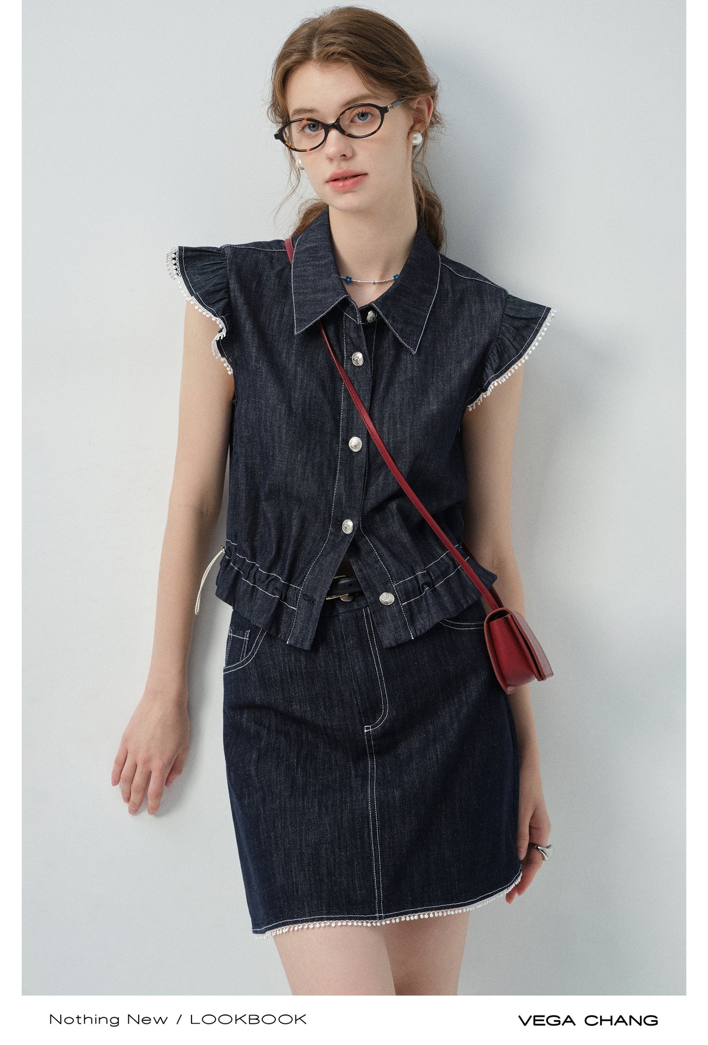 Denim Flutter-Sleeve Sleeveless Shirt & Mini Skirt
