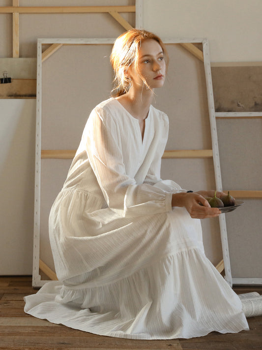 Button-Front Tiered Cotton Dress