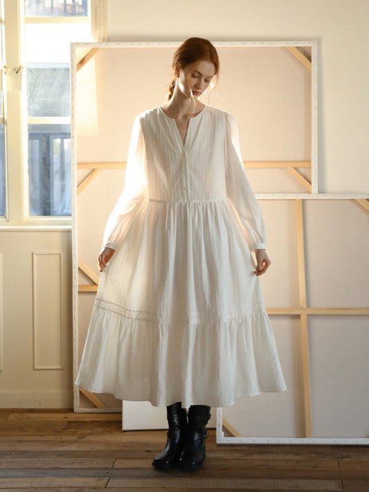 Button-Front Tiered Cotton Dress