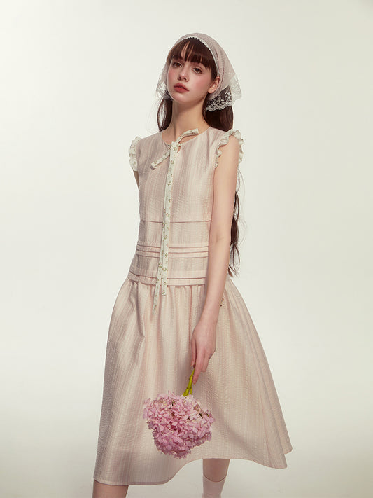 Pleated Tie Neck Sleeveless Mid-Length Dress