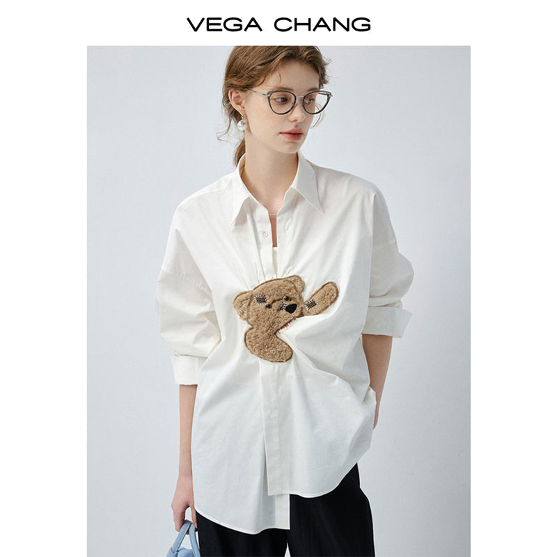 Playful Bear Motif Striped Shirt