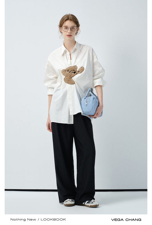 Playful Bear Motif Striped Shirt