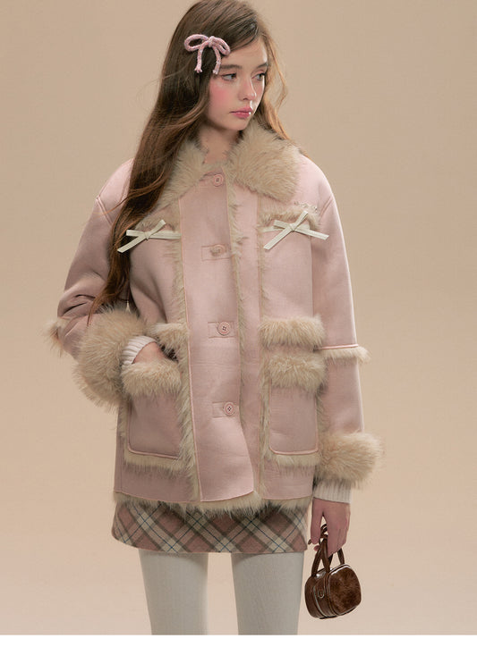 Bow Accent Faux Fur Lined Suede-Like Coat