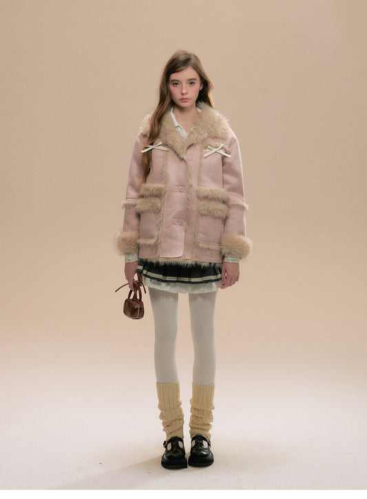 Bow Accent Faux Fur Lined Suede-Like Coat