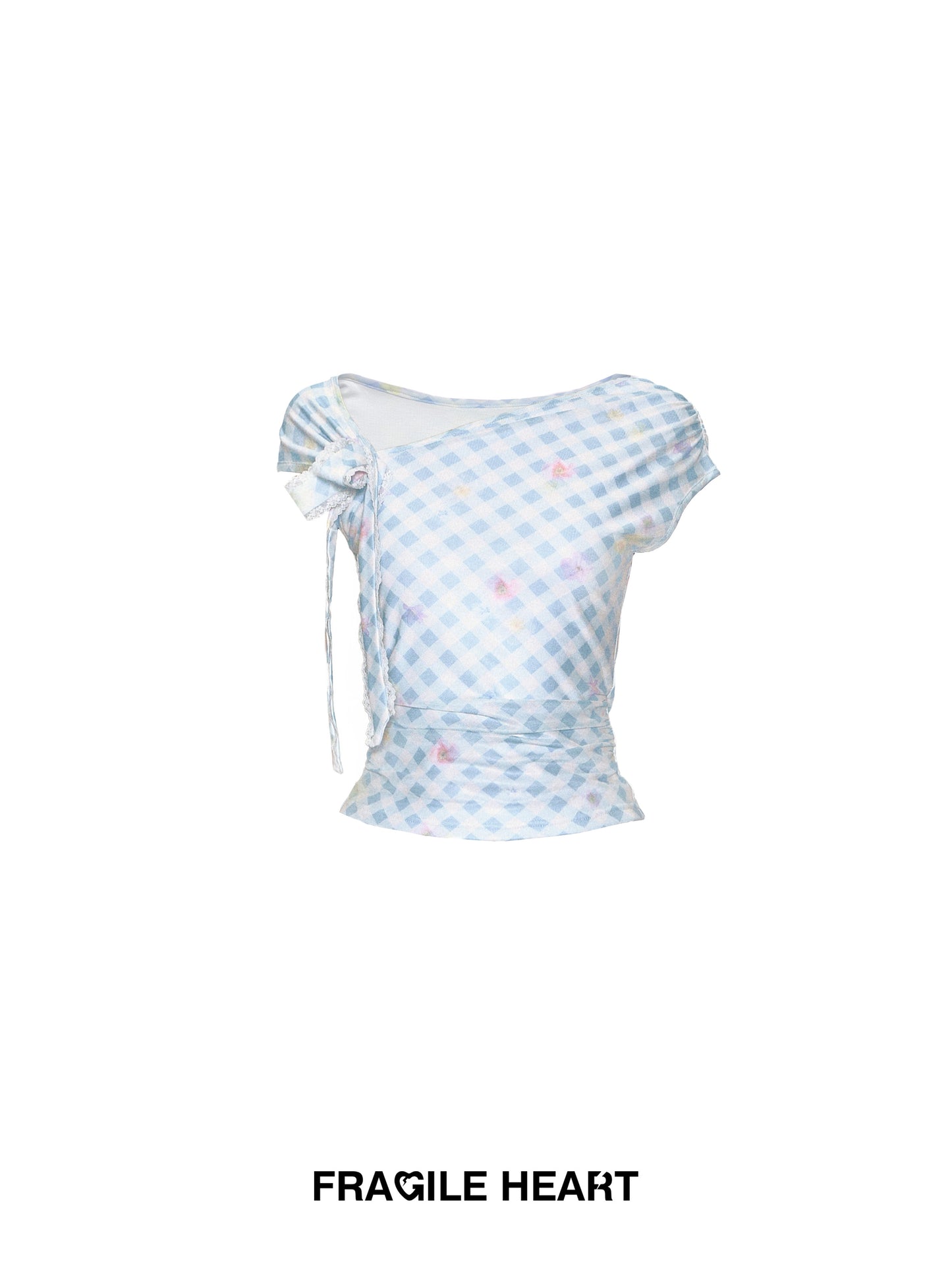 Asymmetric Shoulder Floral Gingham Fitted Top