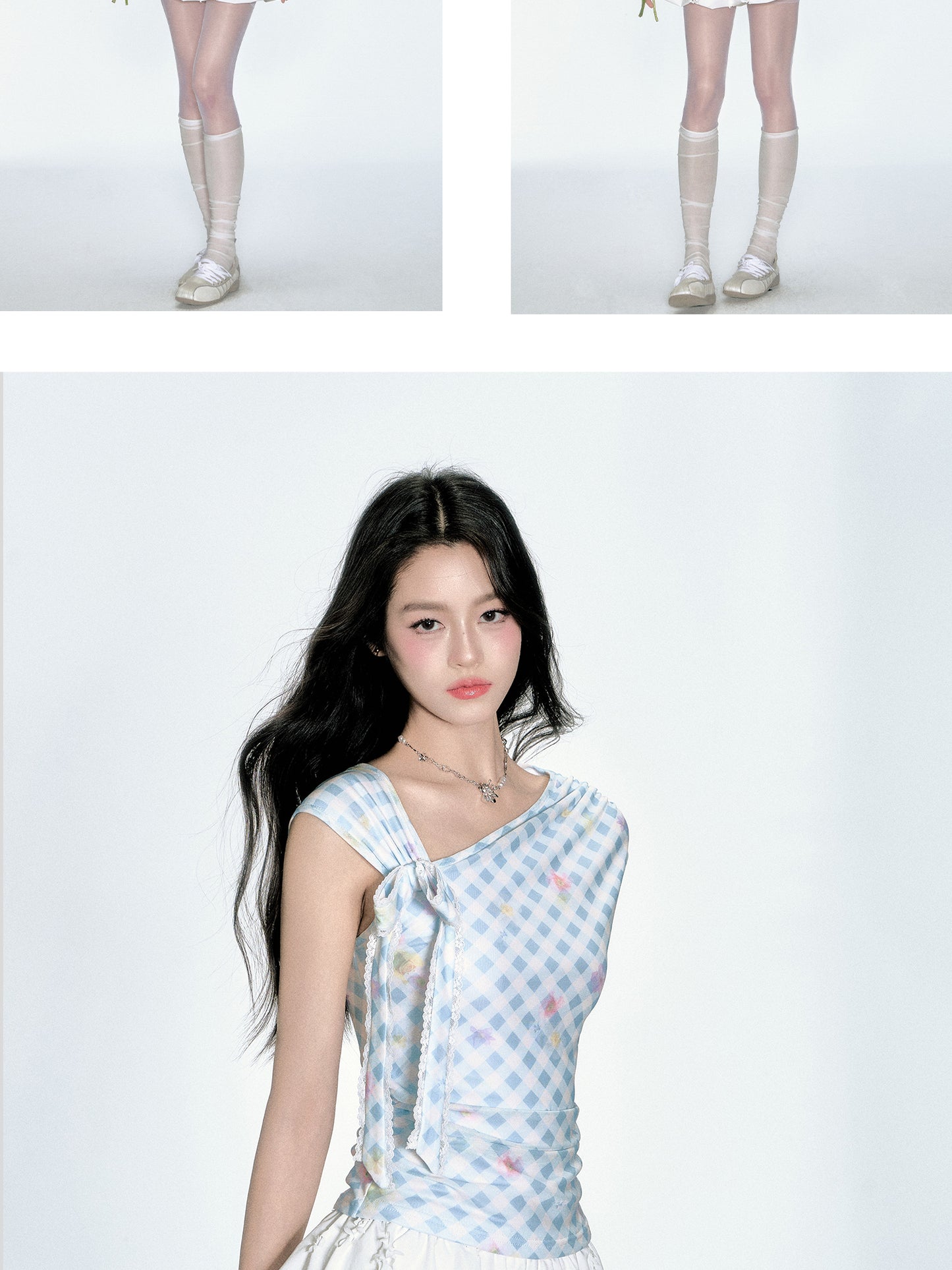 Asymmetric Shoulder Floral Gingham Fitted Top