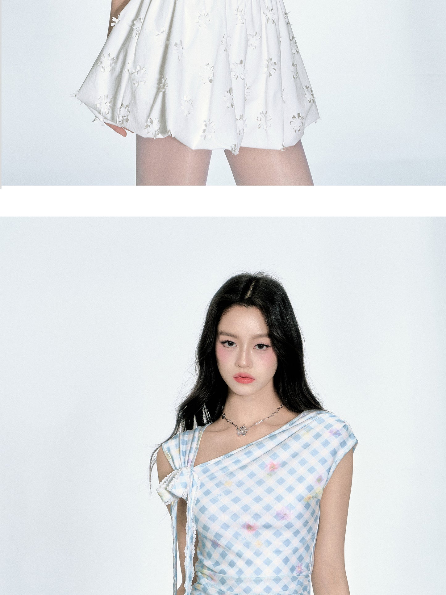 Asymmetric Shoulder Floral Gingham Fitted Top