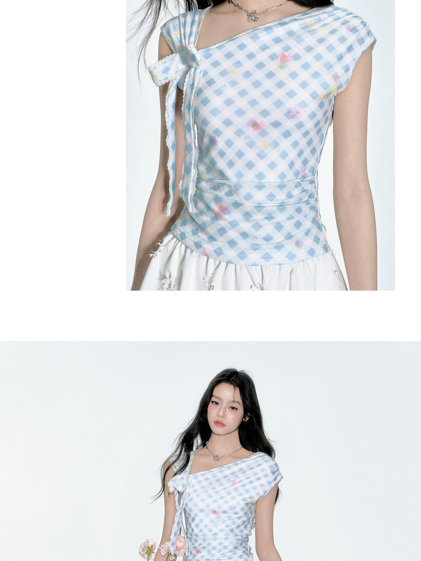 Asymmetric Shoulder Floral Gingham Fitted Top