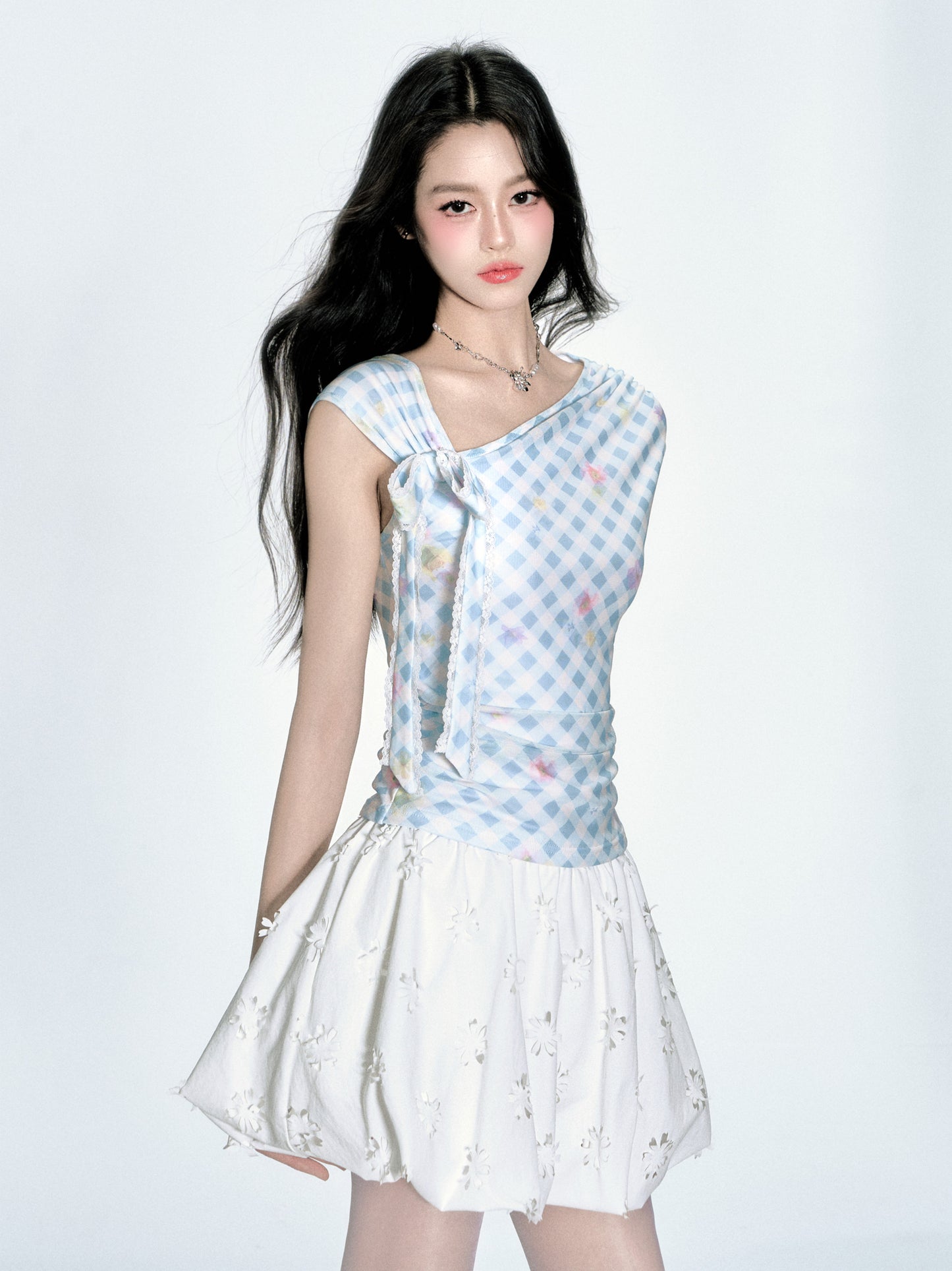 Asymmetric Shoulder Floral Gingham Fitted Top