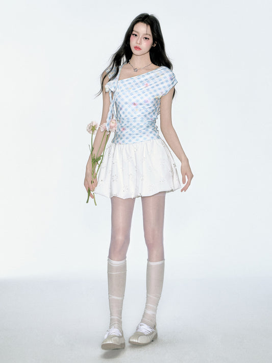 Asymmetric Shoulder Floral Gingham Fitted Top