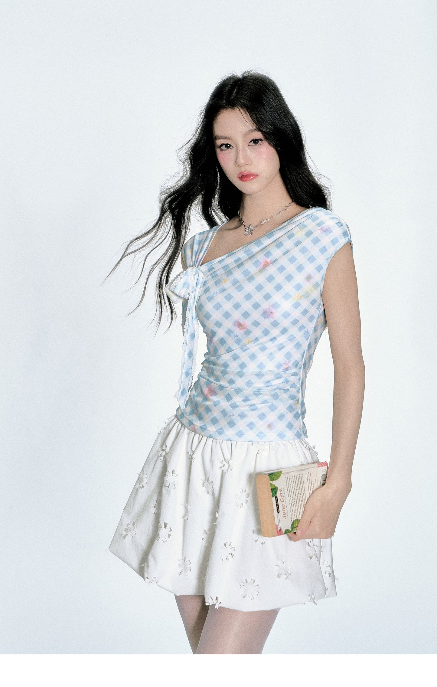 Asymmetric Shoulder Floral Gingham Fitted Top