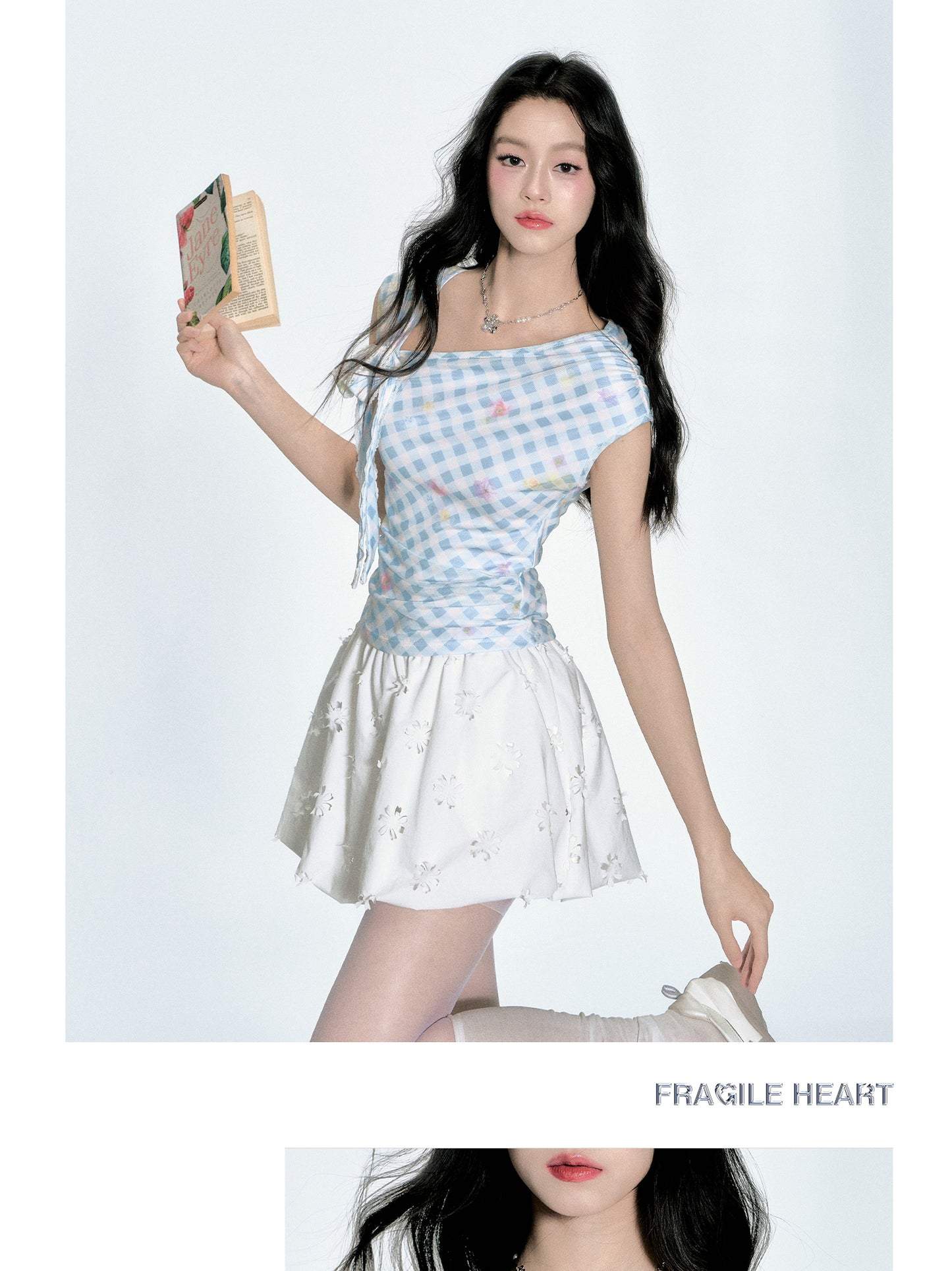 Asymmetric Shoulder Floral Gingham Fitted Top