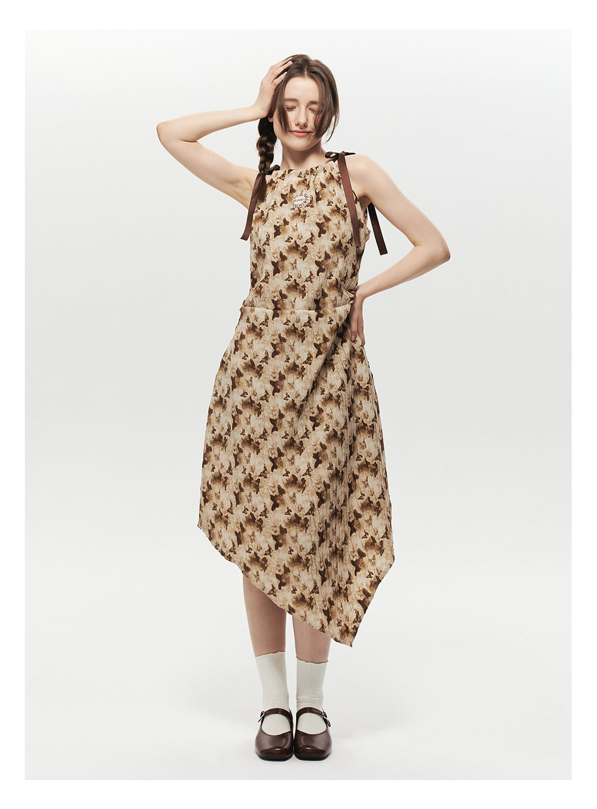 Crinkled Asymmetrical Dress With Pointed Hem And Tie Straps