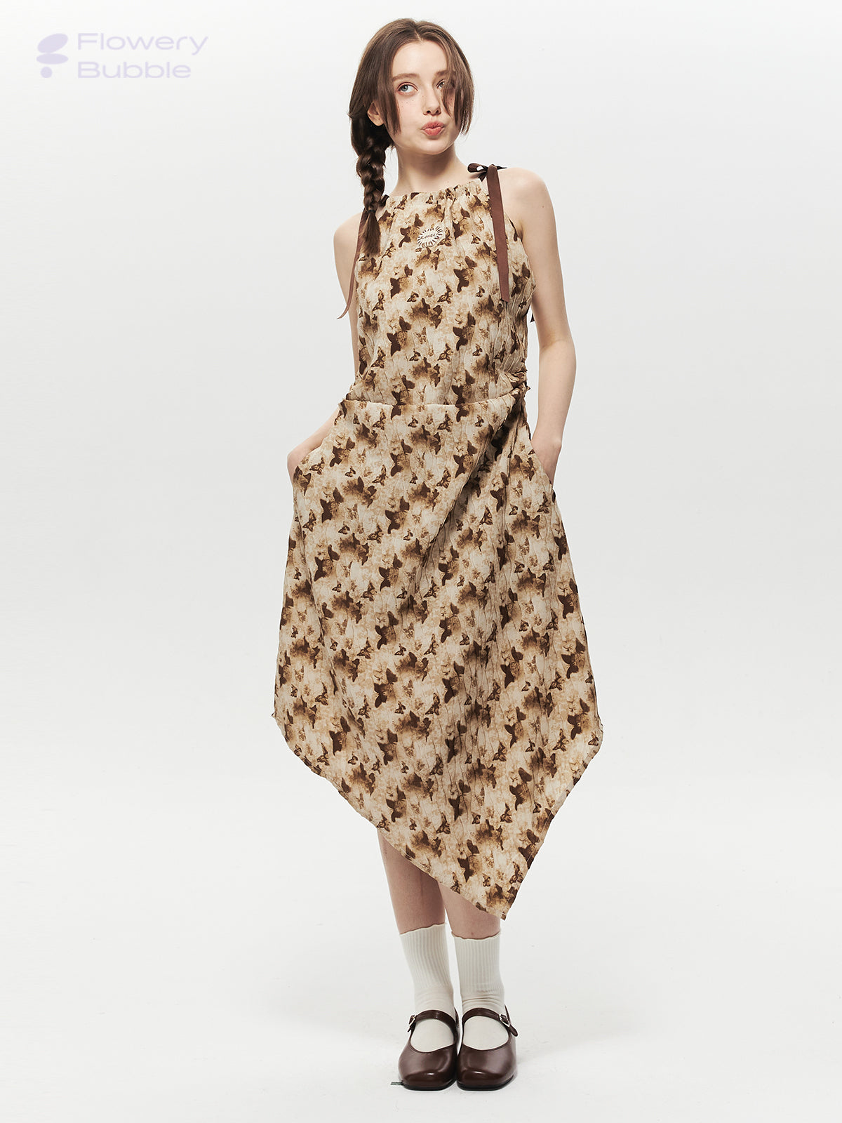Crinkled Asymmetrical Dress With Pointed Hem And Tie Straps