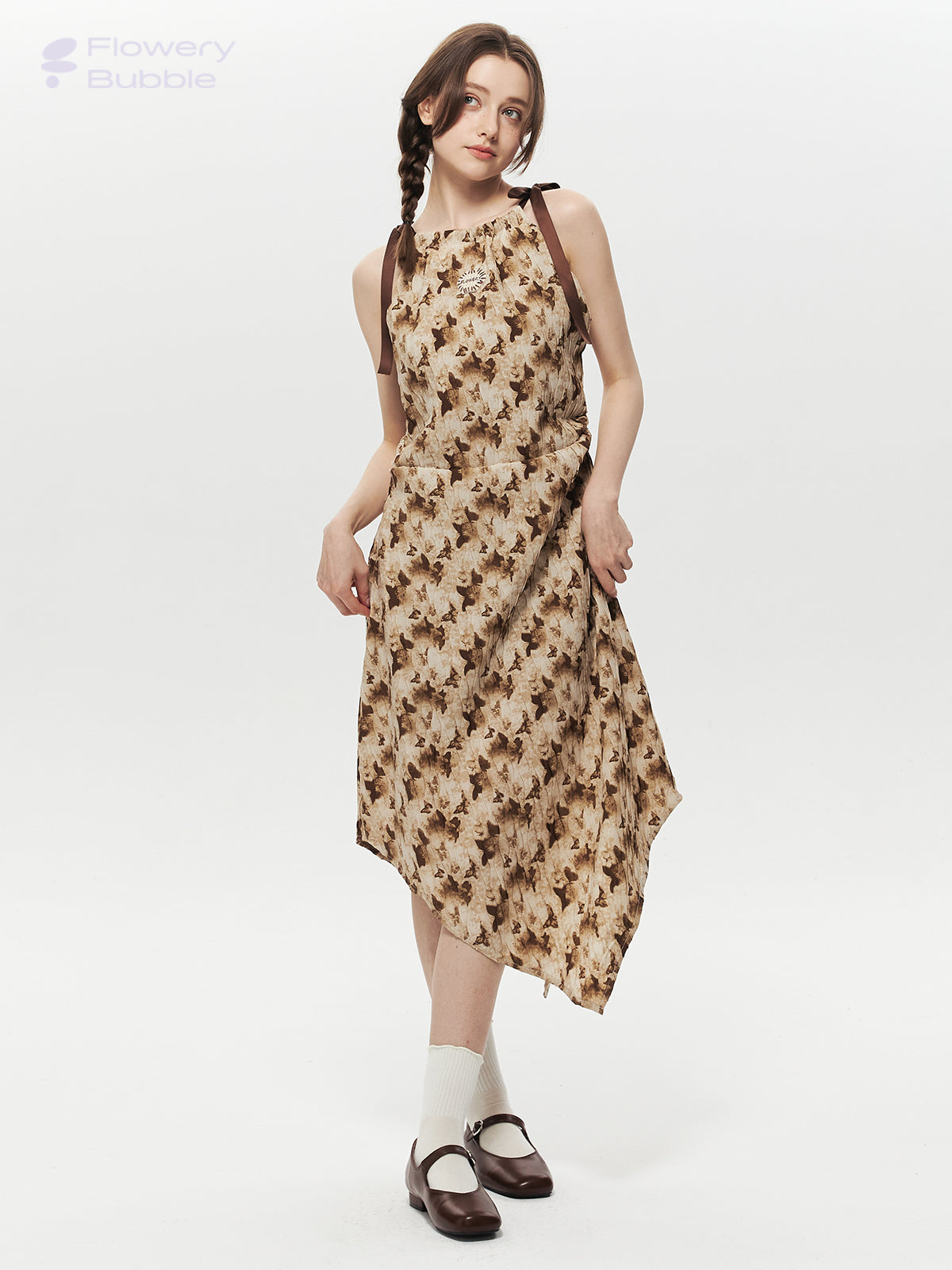 Crinkled Asymmetrical Dress With Pointed Hem And Tie Straps