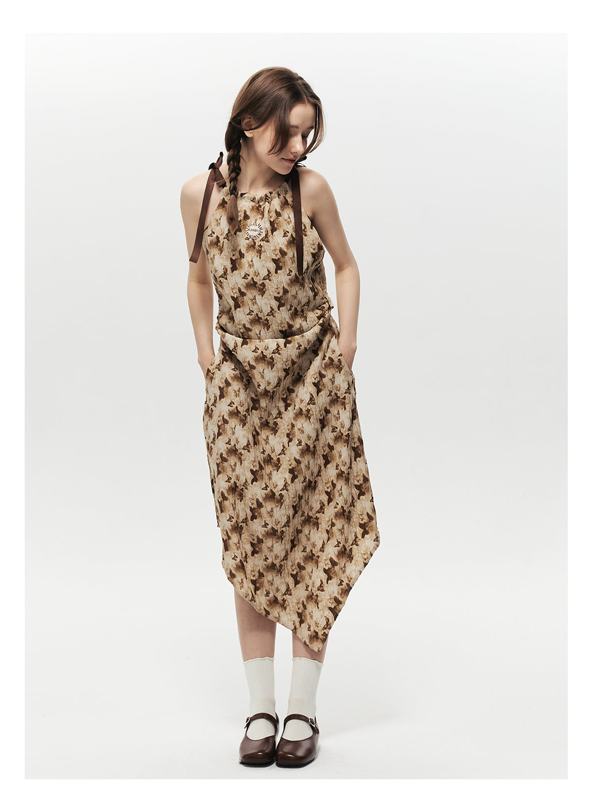Crinkled Asymmetrical Dress With Pointed Hem And Tie Straps