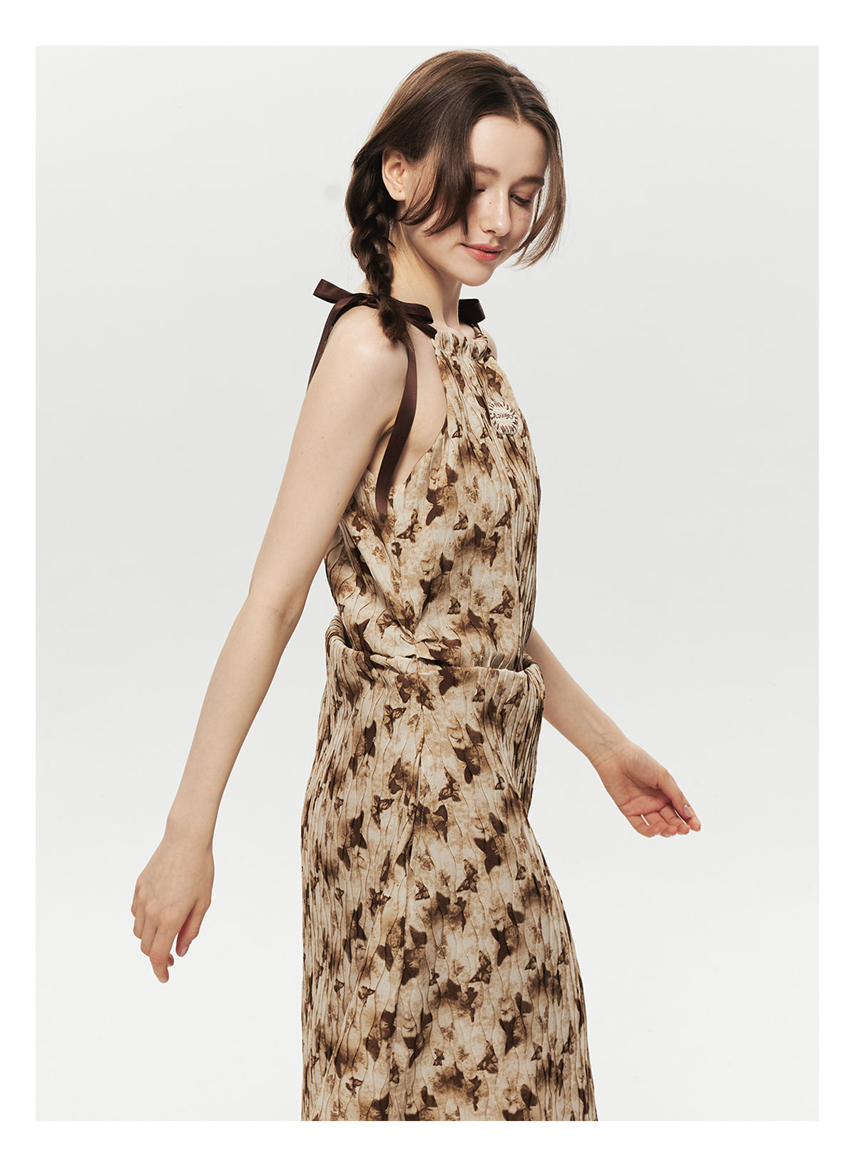 Crinkled Asymmetrical Dress With Pointed Hem And Tie Straps