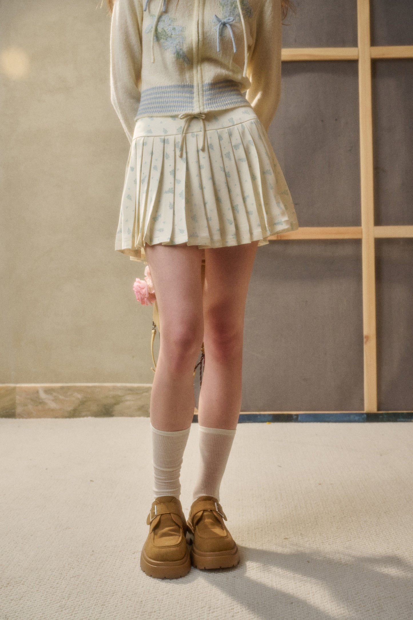 Floral Stripe Knit Zip Hoodie & Pleated Satin Skirt