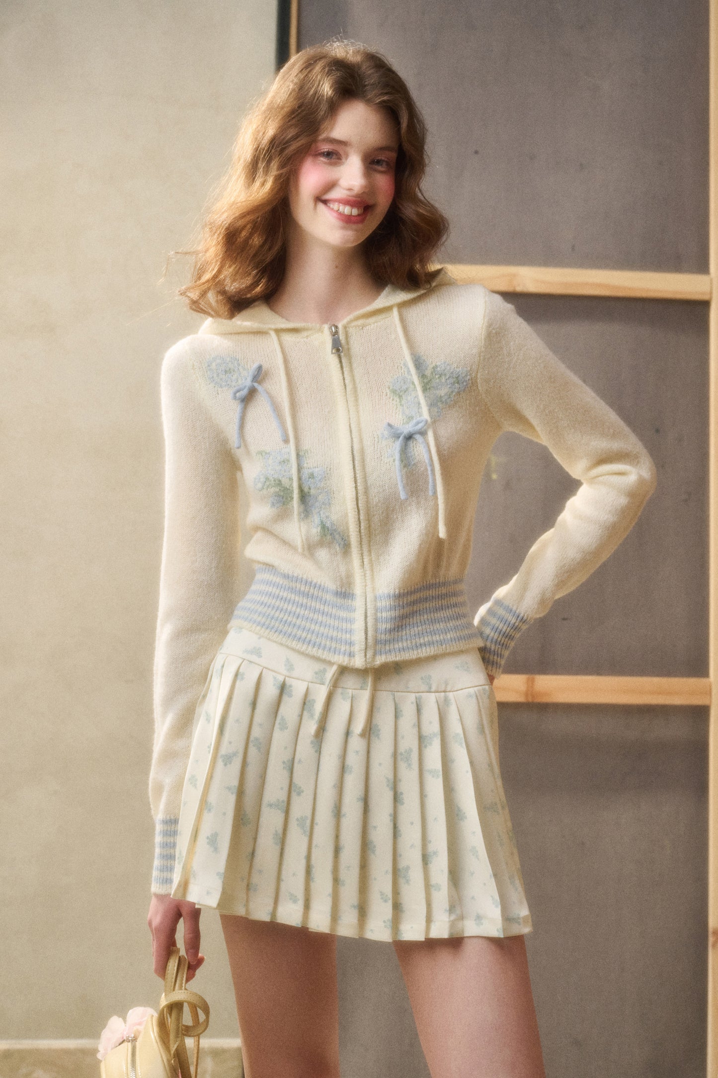 Floral Stripe Knit Zip Hoodie & Pleated Satin Skirt