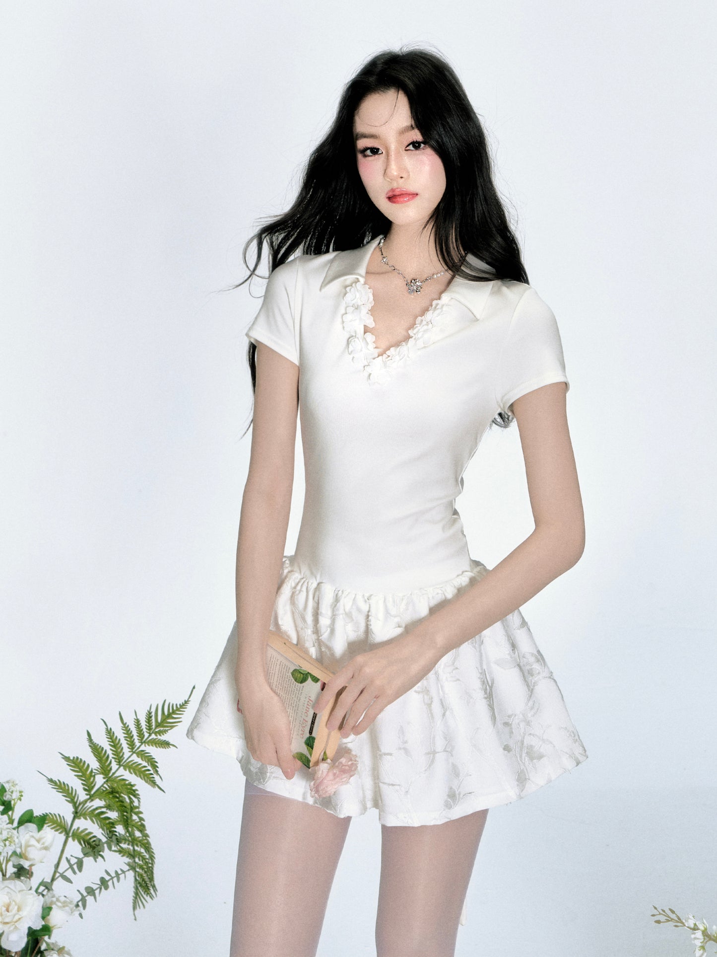 Floral-Neckline Jacquard Dress With Tie Waist