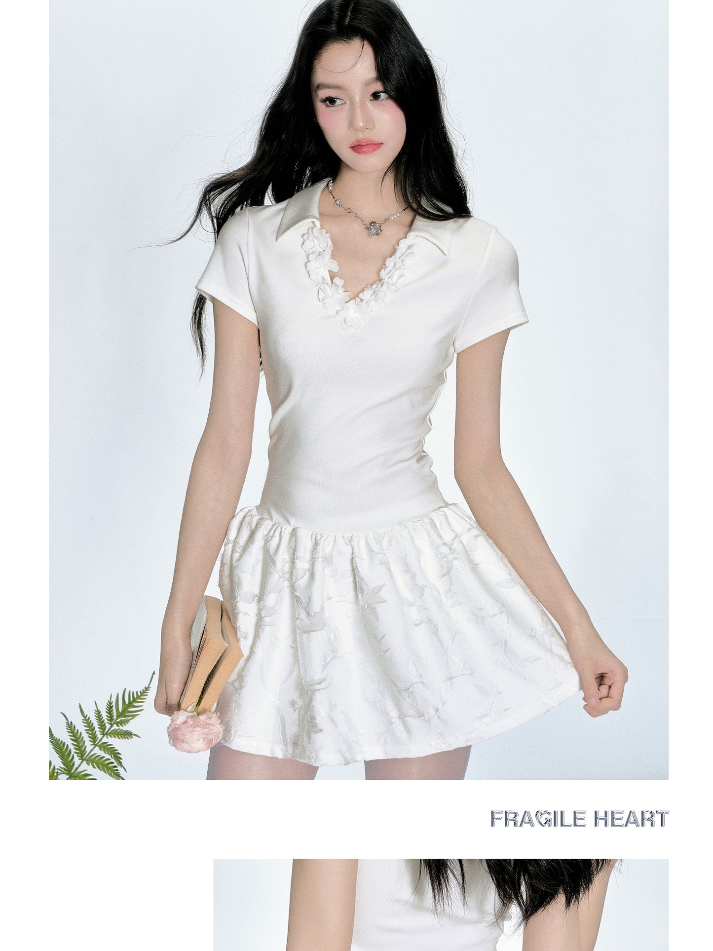 Floral-Neckline Jacquard Dress With Tie Waist