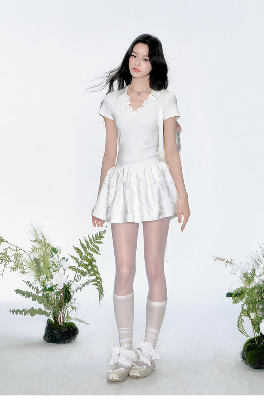 Floral-Neckline Jacquard Dress With Tie Waist