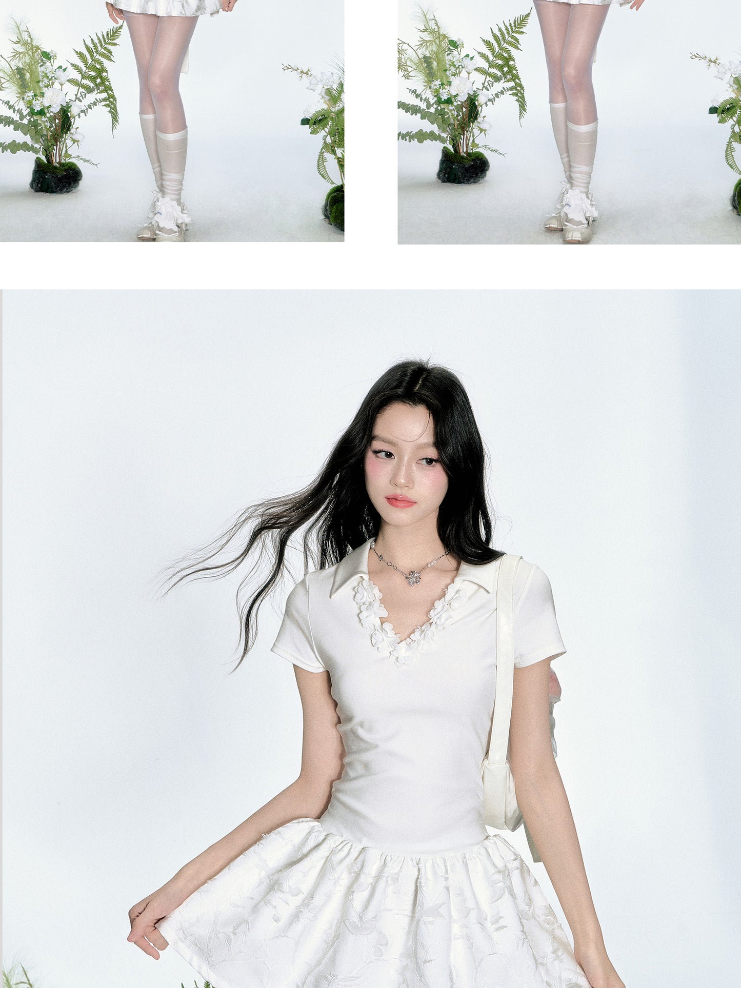 Floral-Neckline Jacquard Dress With Tie Waist