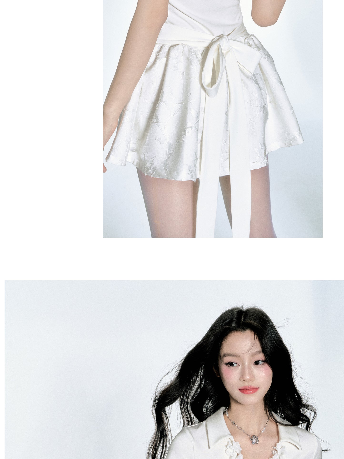 Floral-Neckline Jacquard Dress With Tie Waist