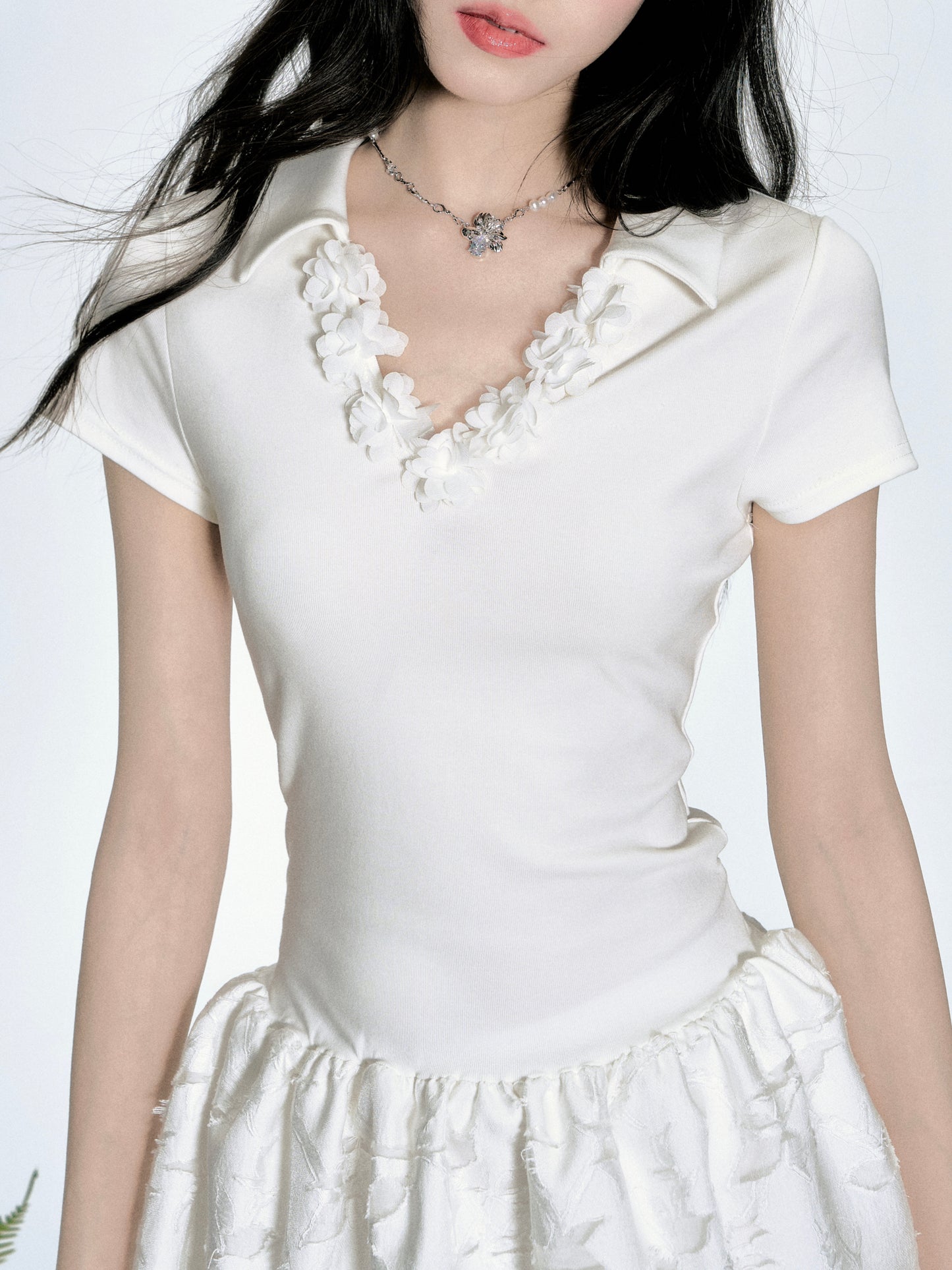 Floral-Neckline Jacquard Dress With Tie Waist