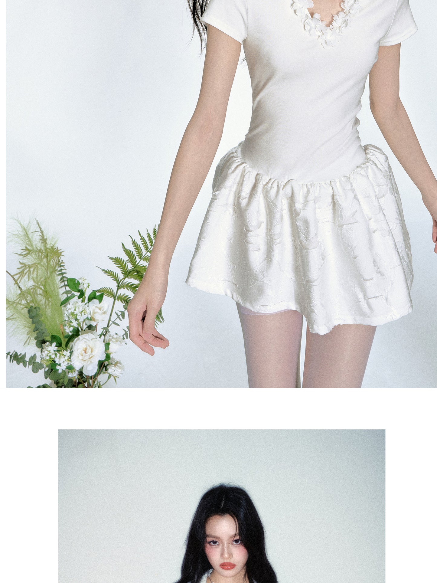 Floral-Neckline Jacquard Dress With Tie Waist