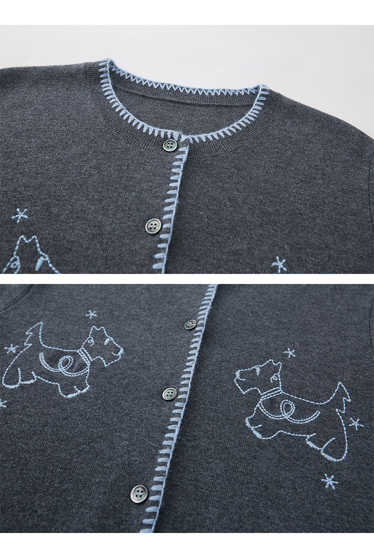 Puppy Embroidered Stitched Knit Cardigan