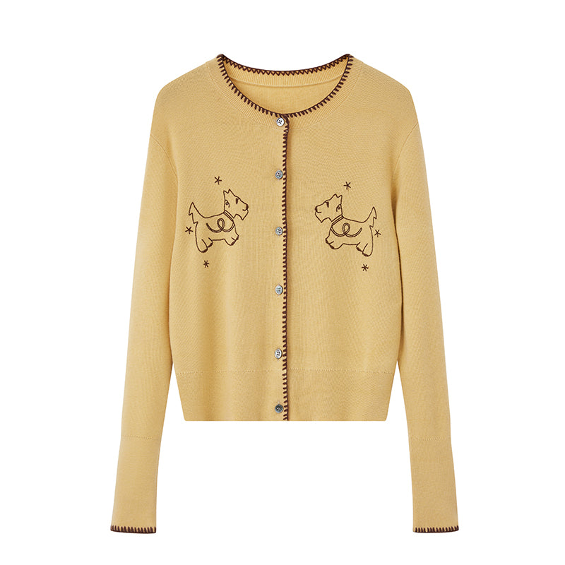 Puppy Embroidered Stitched Knit Cardigan