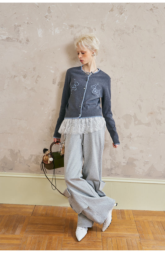 Puppy Embroidered Stitched Knit Cardigan