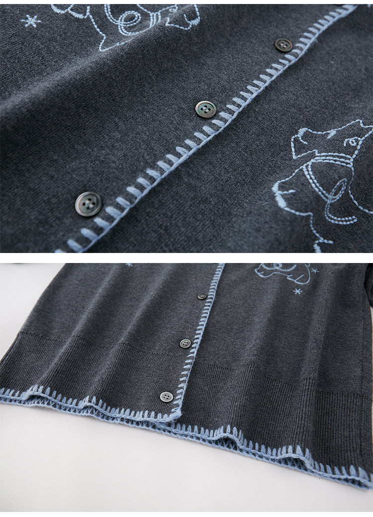 Puppy Embroidered Stitched Knit Cardigan