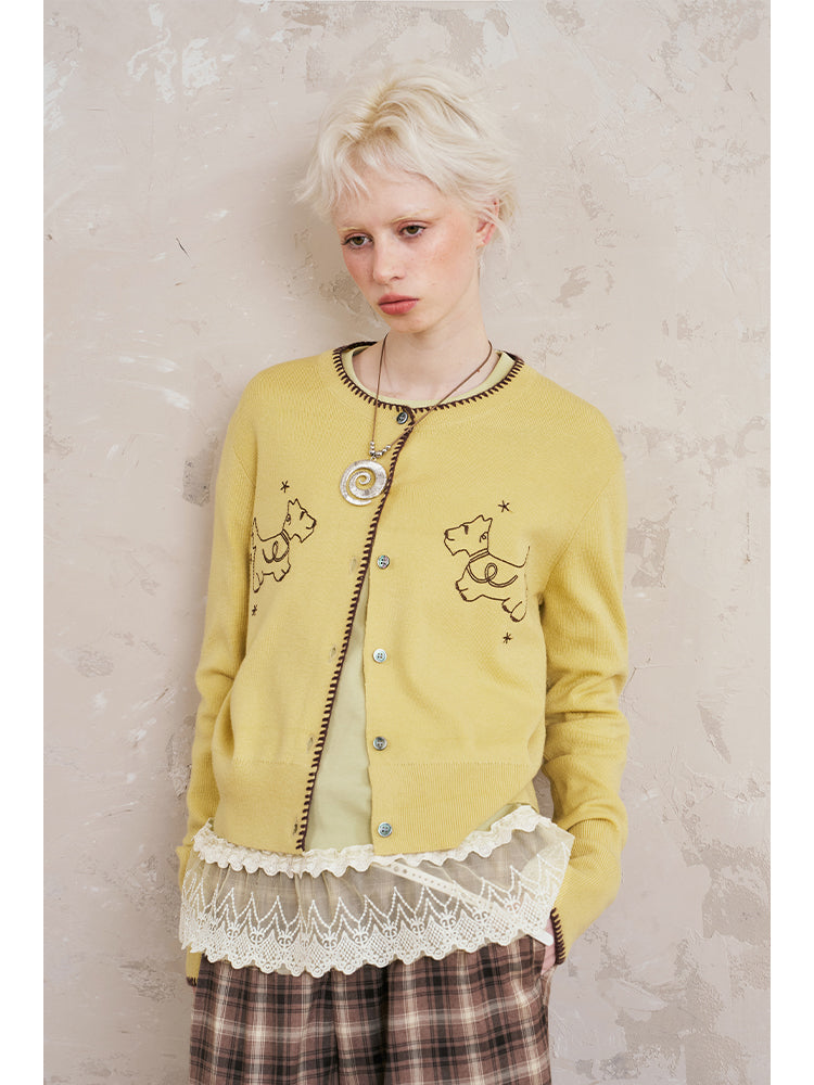Puppy Embroidered Stitched Knit Cardigan