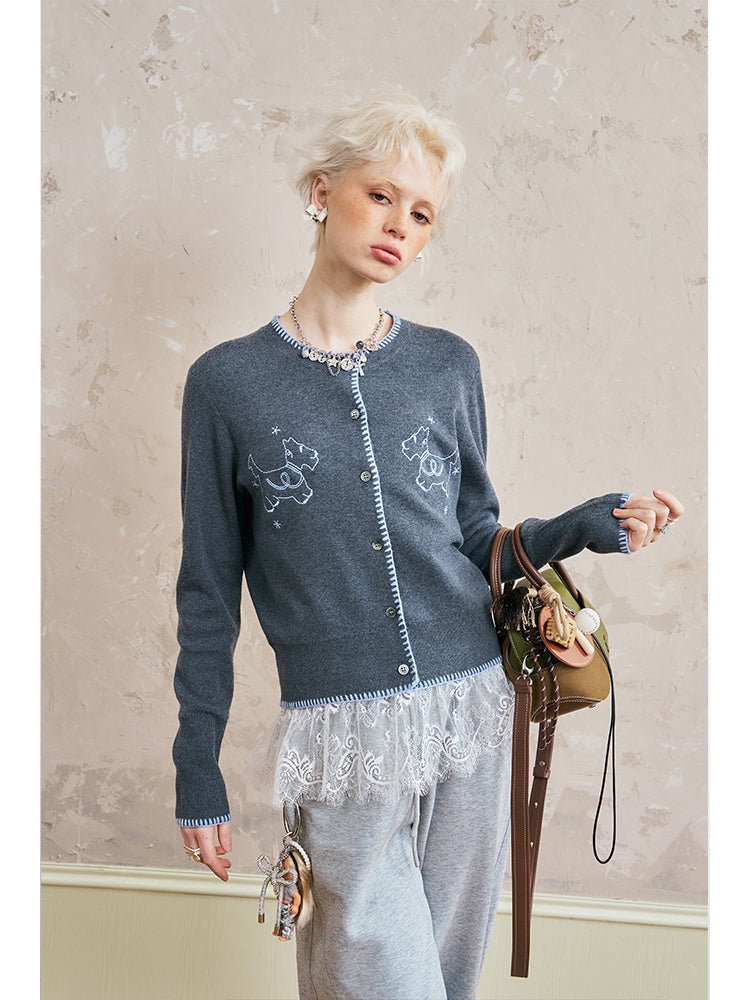 Puppy Embroidered Stitched Knit Cardigan